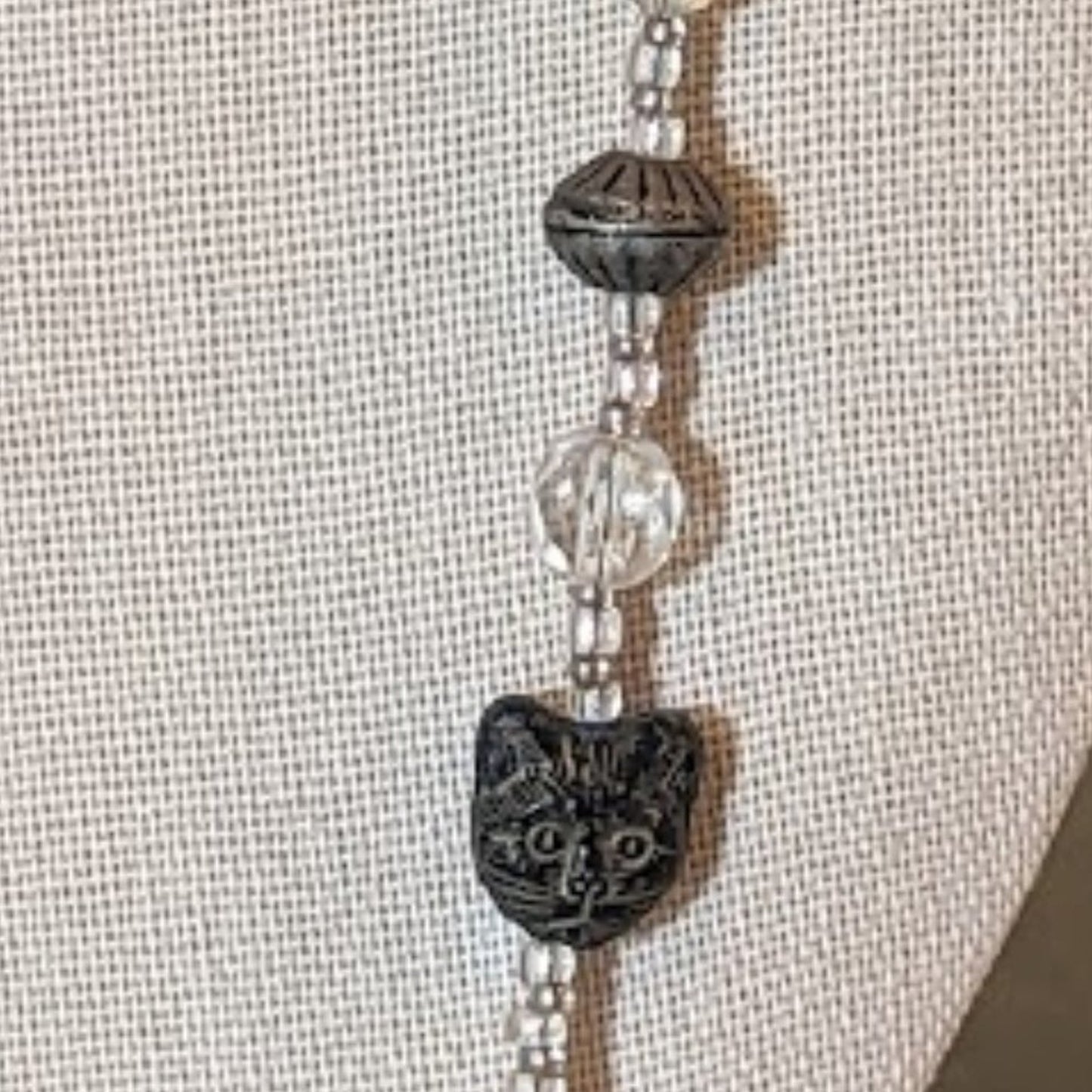 Quirky Crystal Kitty Beaded Silver Tone Necklace