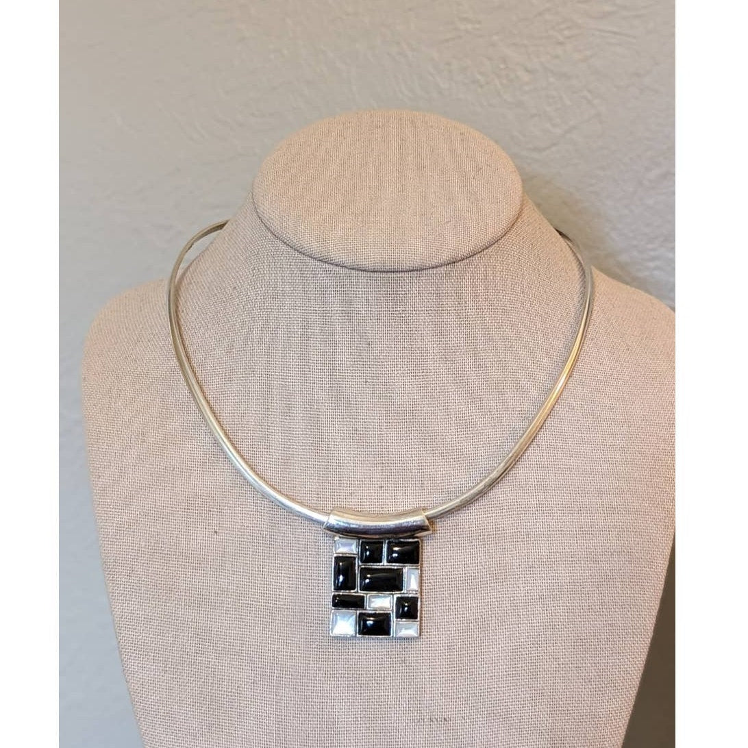 Mexican 925 Sterling Silver Collar W/ Onyx/Mother of Pearl Inlay Slide Enhancer