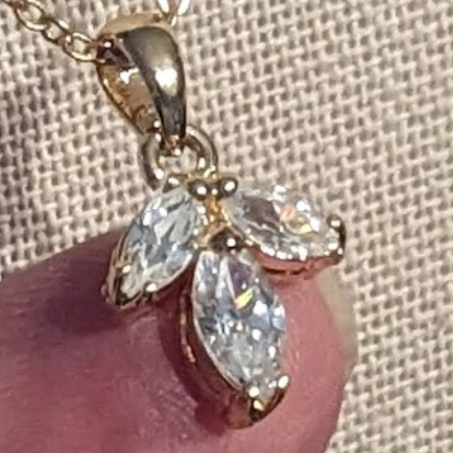 Three Marquis Cut CZ's Necklace Set in 14k Gold Electroplate on Gold Tone Chain