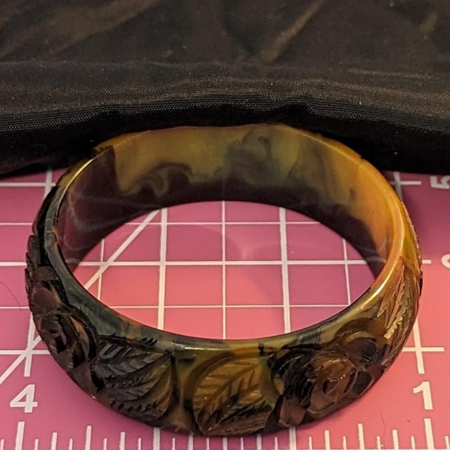 Bakelite! Rare Carved Translucent End of Day Roses Bakelite Bangle Bracelet