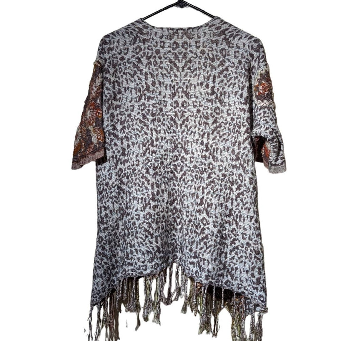 Soft Surroundings Pasha Pumpkin Leopard Print Fringe Cardigan Womens Sz S/M