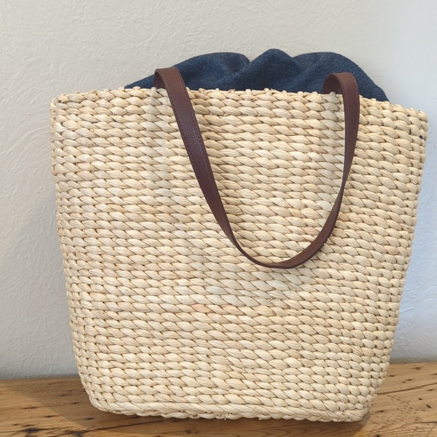 Americana Straw Bag Tote With Draw String Chambray Liner