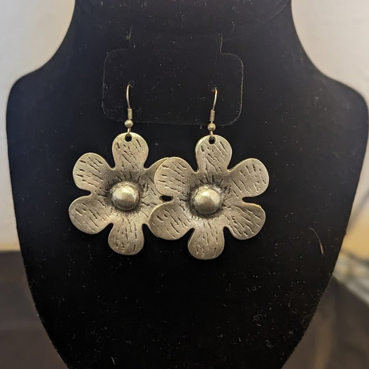 Large dangle pewter flower earrings