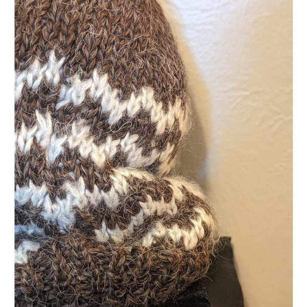 Pistil Brown/Cream ZigZag Print Knit Faux Fur Pom Pom Beanie