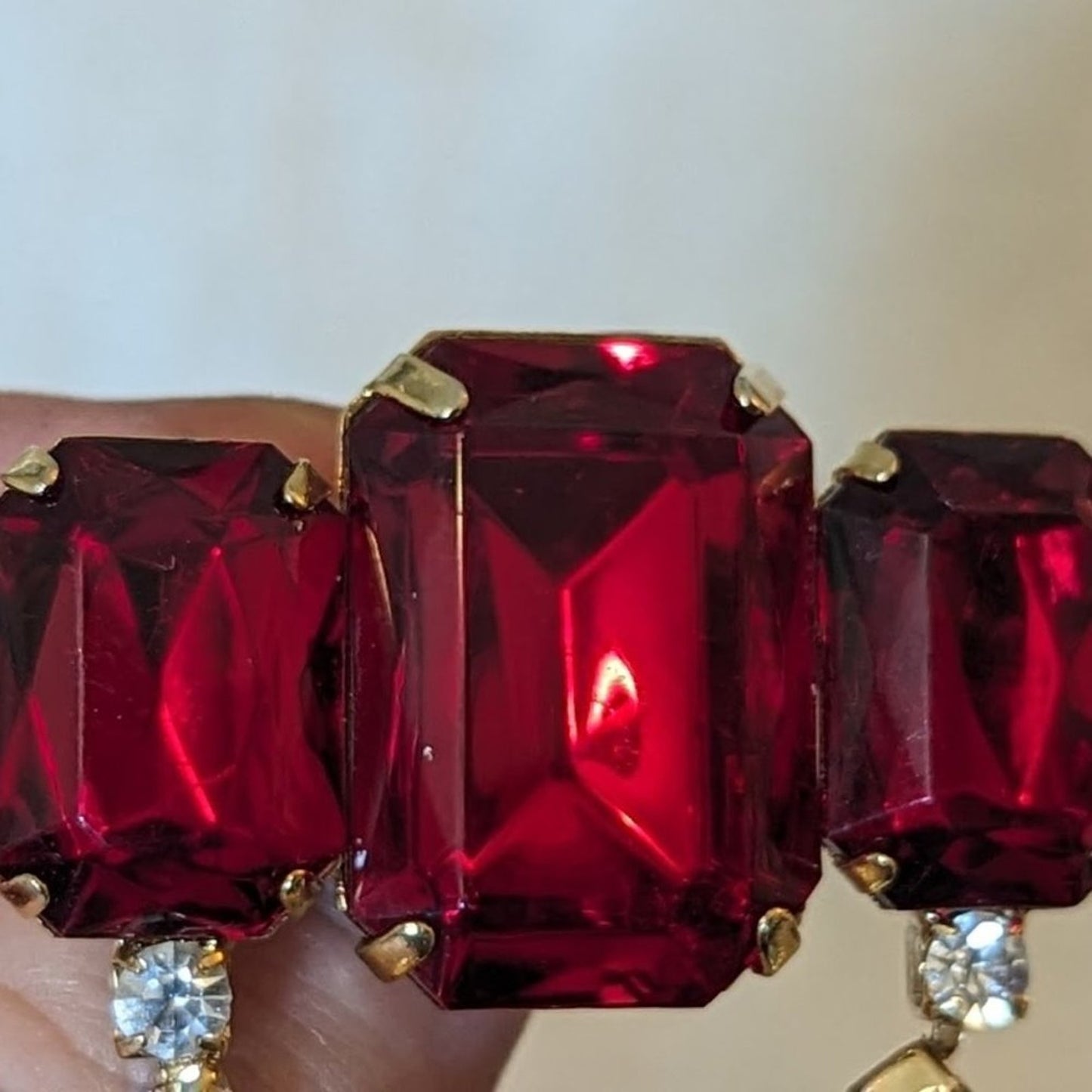 Vintage Three Large Ruby Crystals and Rhinestone Brooch