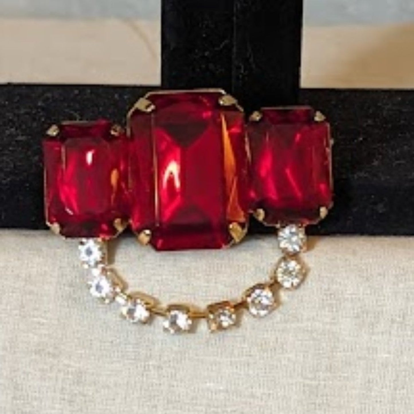 Vintage Three Large Ruby Crystals and Rhinestone Brooch