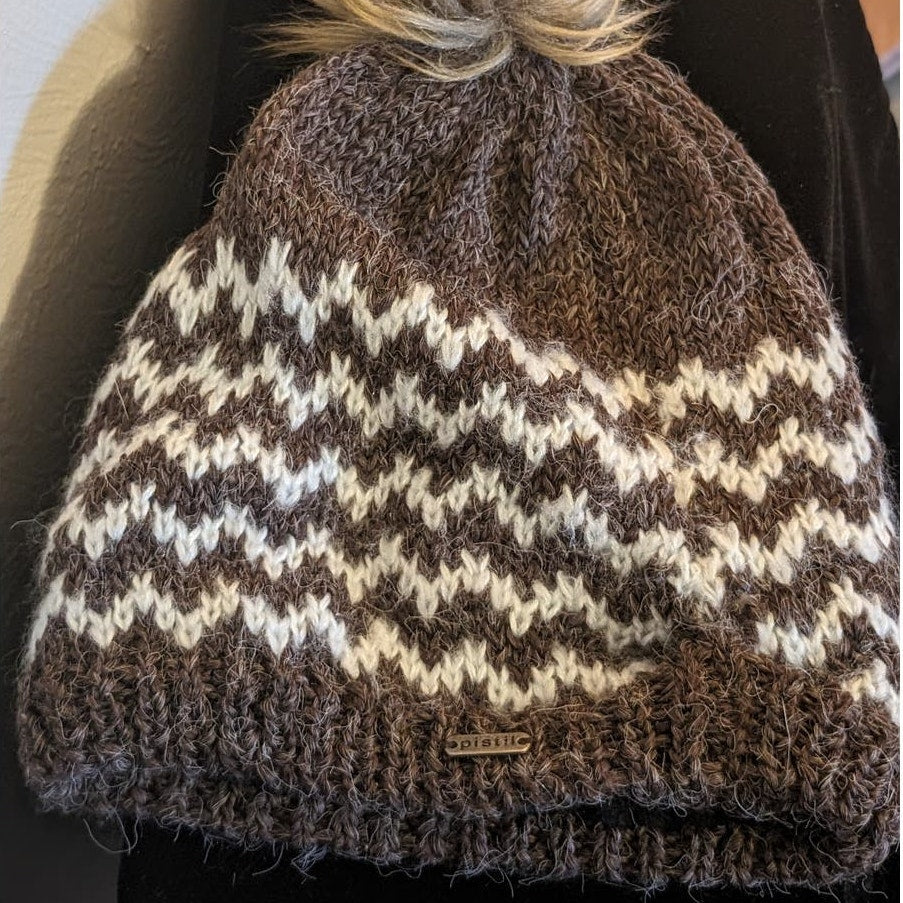 Pistil Brown/Cream ZigZag Print Knit Faux Fur Pom Pom Beanie