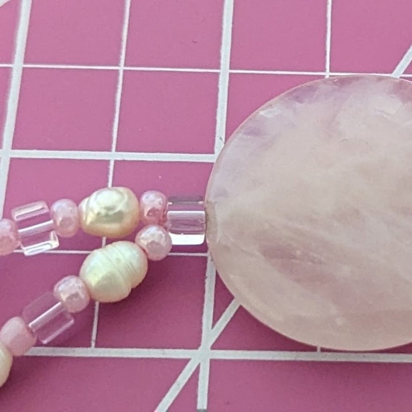 Pink Quartz, Potato Pearls, and Glass Bead Tassel Necklace