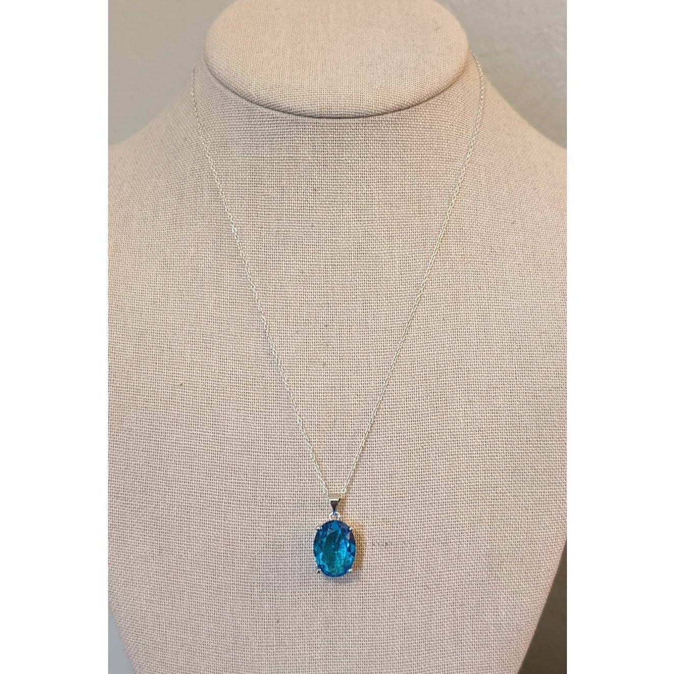 Large Simulated Swiss Blue Topaz Pendant on 925 Sterling 18" Chain