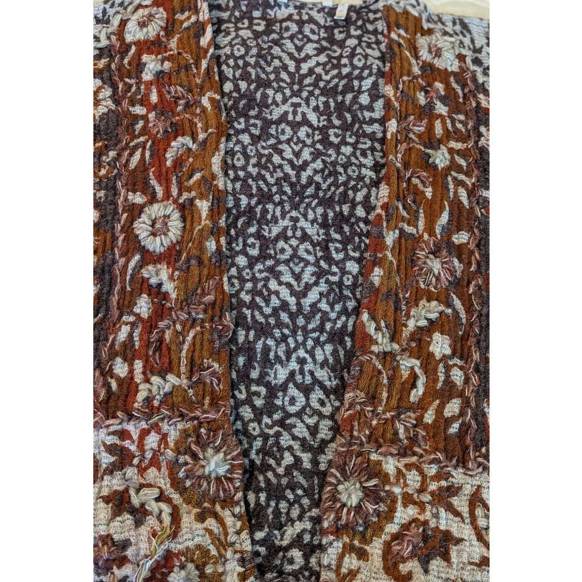 Soft Surroundings Pasha Pumpkin Leopard Print Fringe Cardigan Womens Sz S/M