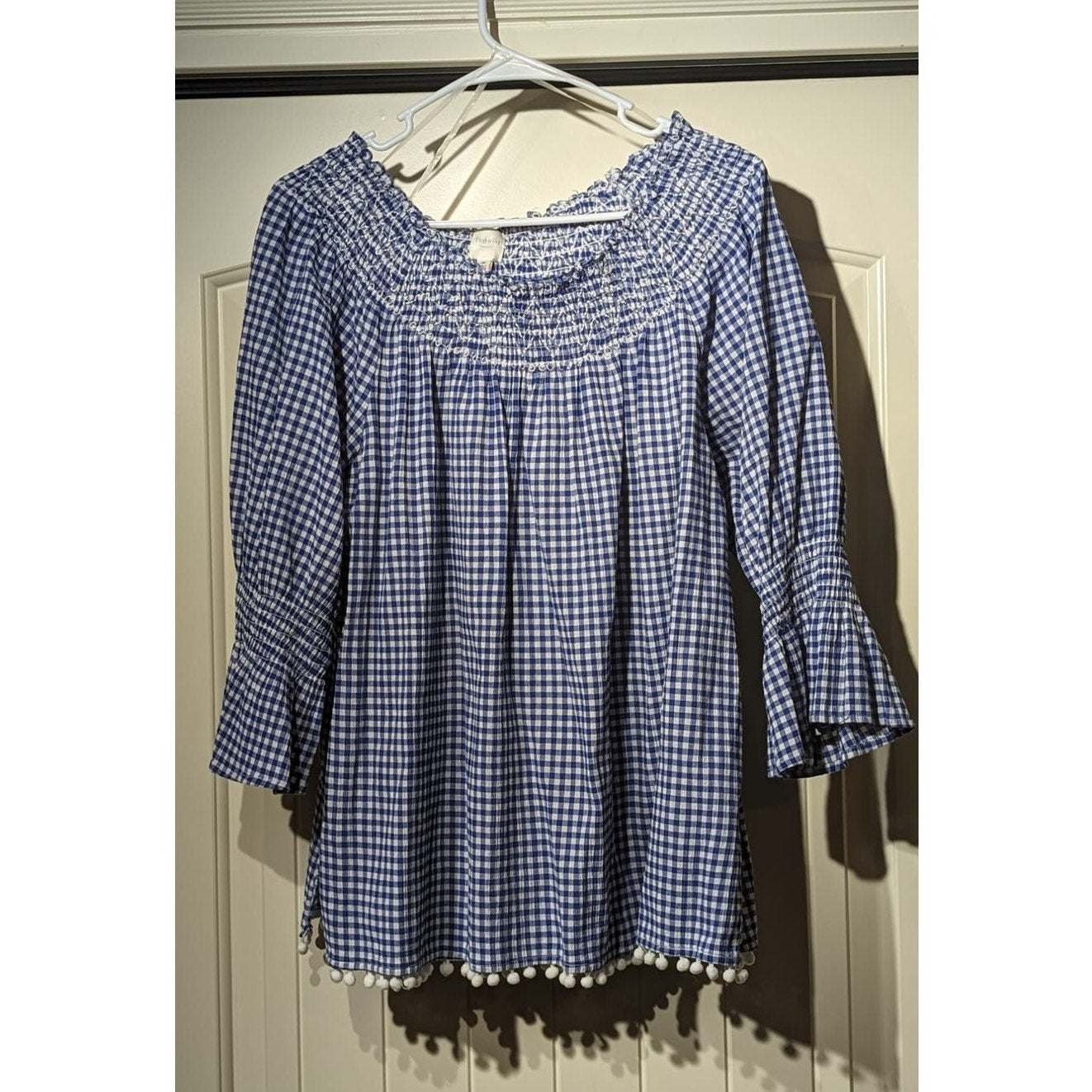 Rafaella Blue Gingham Gauzy Smock Neck 3/4 Smock Bell Sleeve Top Womens Sz 2X
