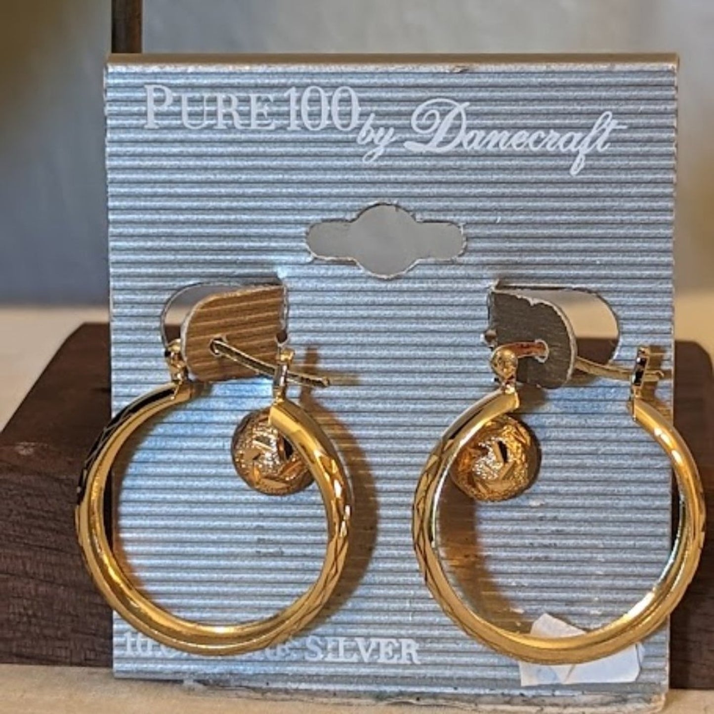 NWT Danecraft 10% Pure Silver Earring Set Diamond Cut Hoops and Posts Gold Tone