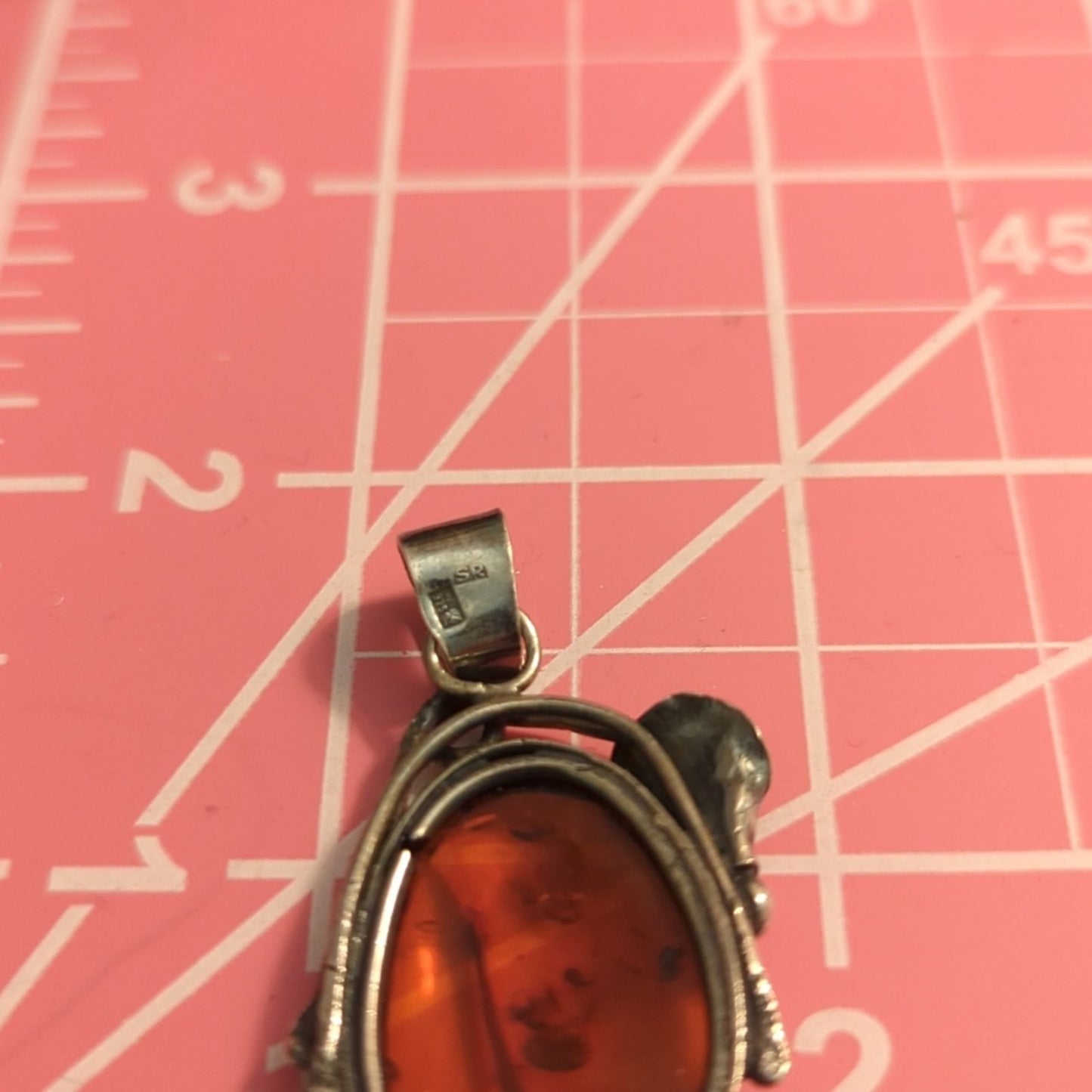 Vintage Art Nouveau Sterling 925 Real Warsaw Polish Amber Designer SR Pendant