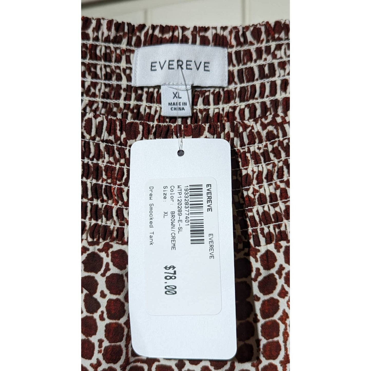 NWT Evereve Drew Smocked Tank Brown White Check Womens Sz XL
