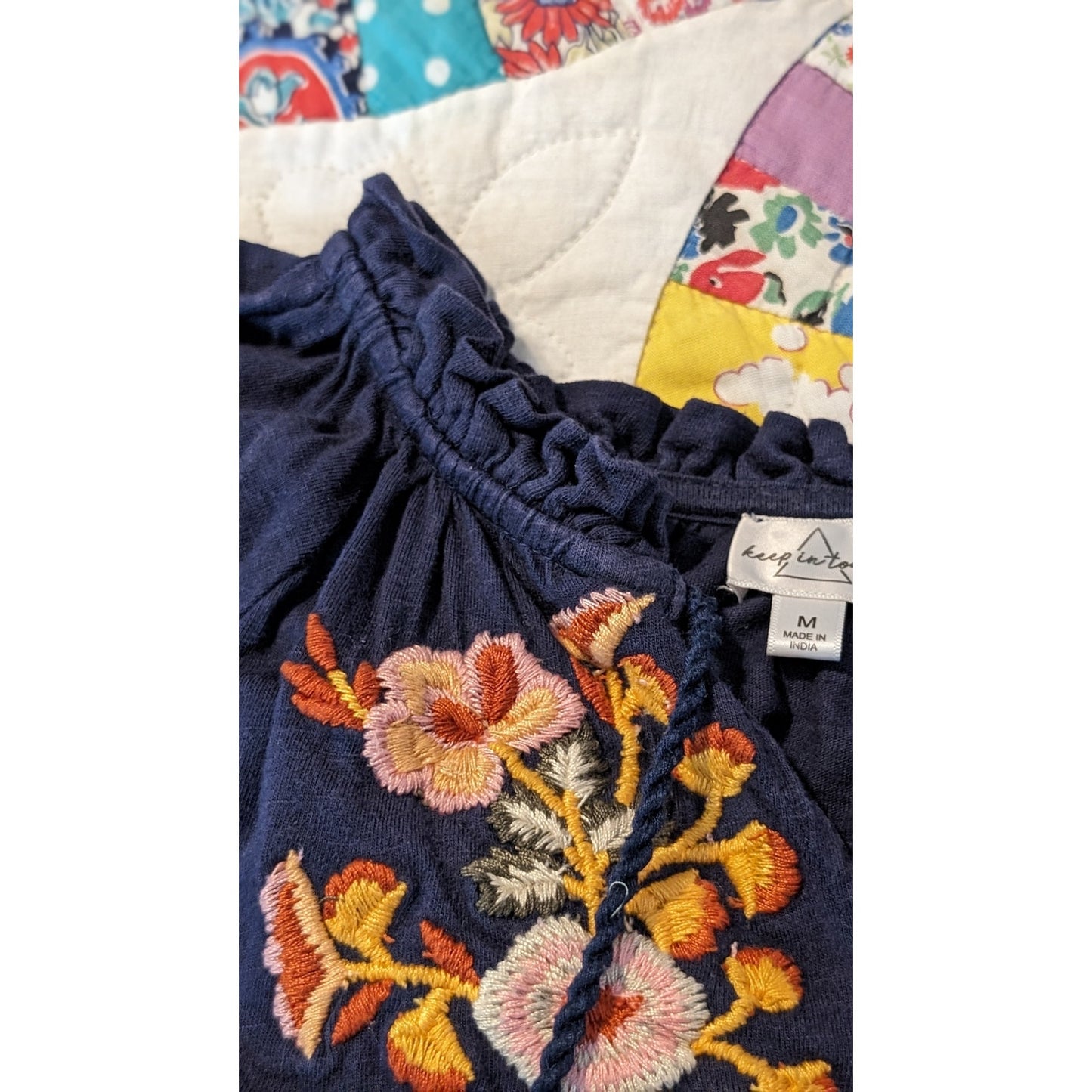 Keep in Touch Floral Embroidered Bell Sleeve Tie Ruffle Neck Top Womens Sz M