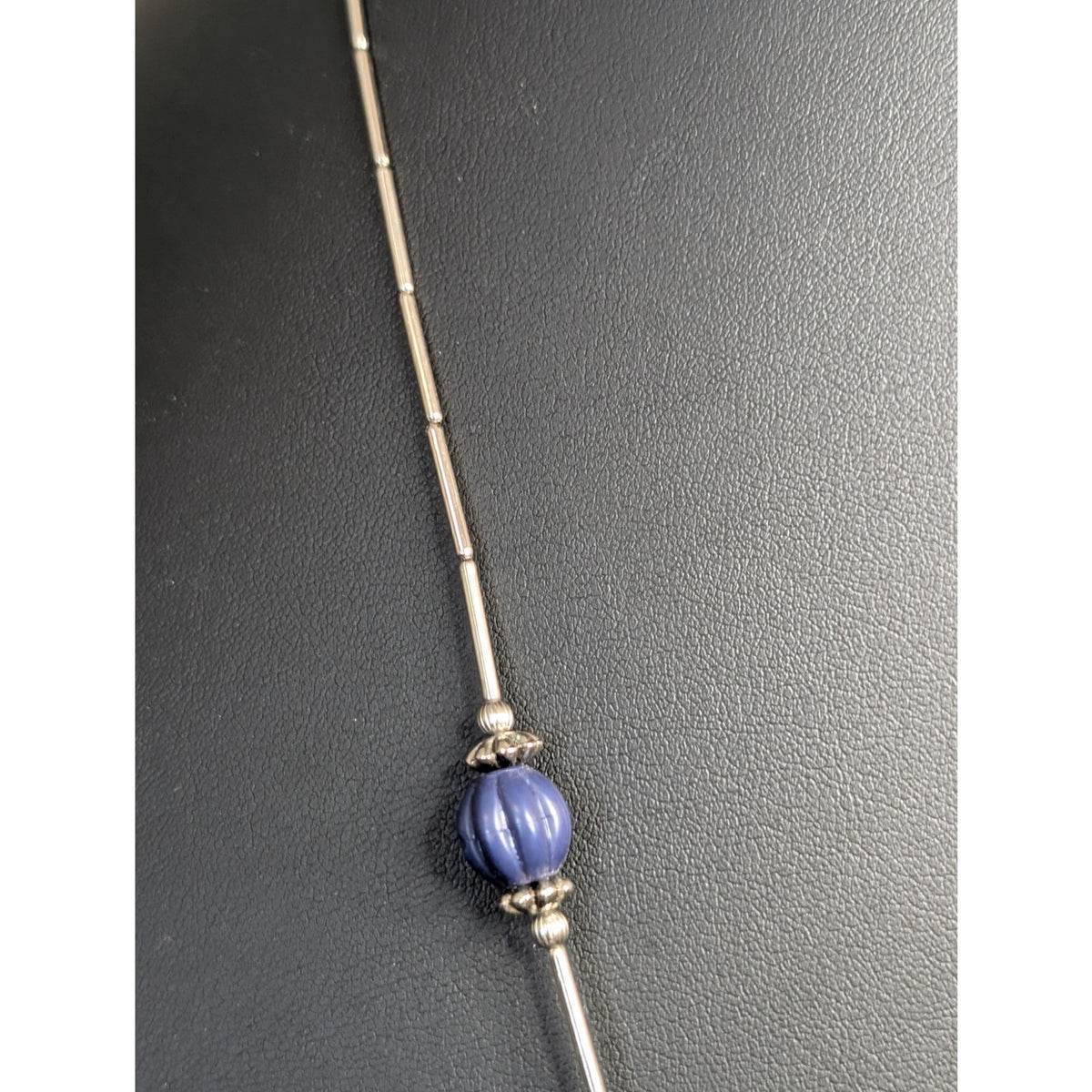 Etched Silver Tone Puffed Heart Dangle Pendant Blue Bead Bugle Bead 24" Necklace