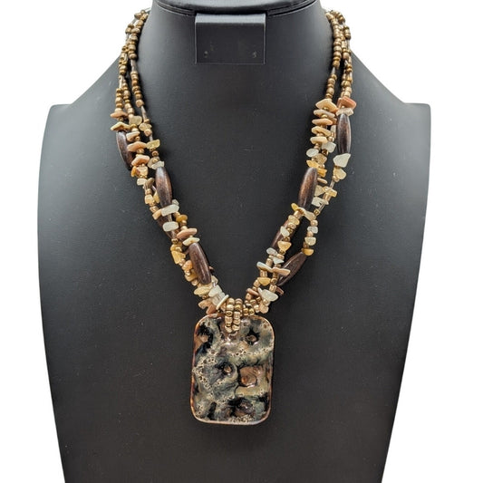 Vtg Cg Gold Tone Wood Stone Glass Pendant Triple Strand Bead Necklace