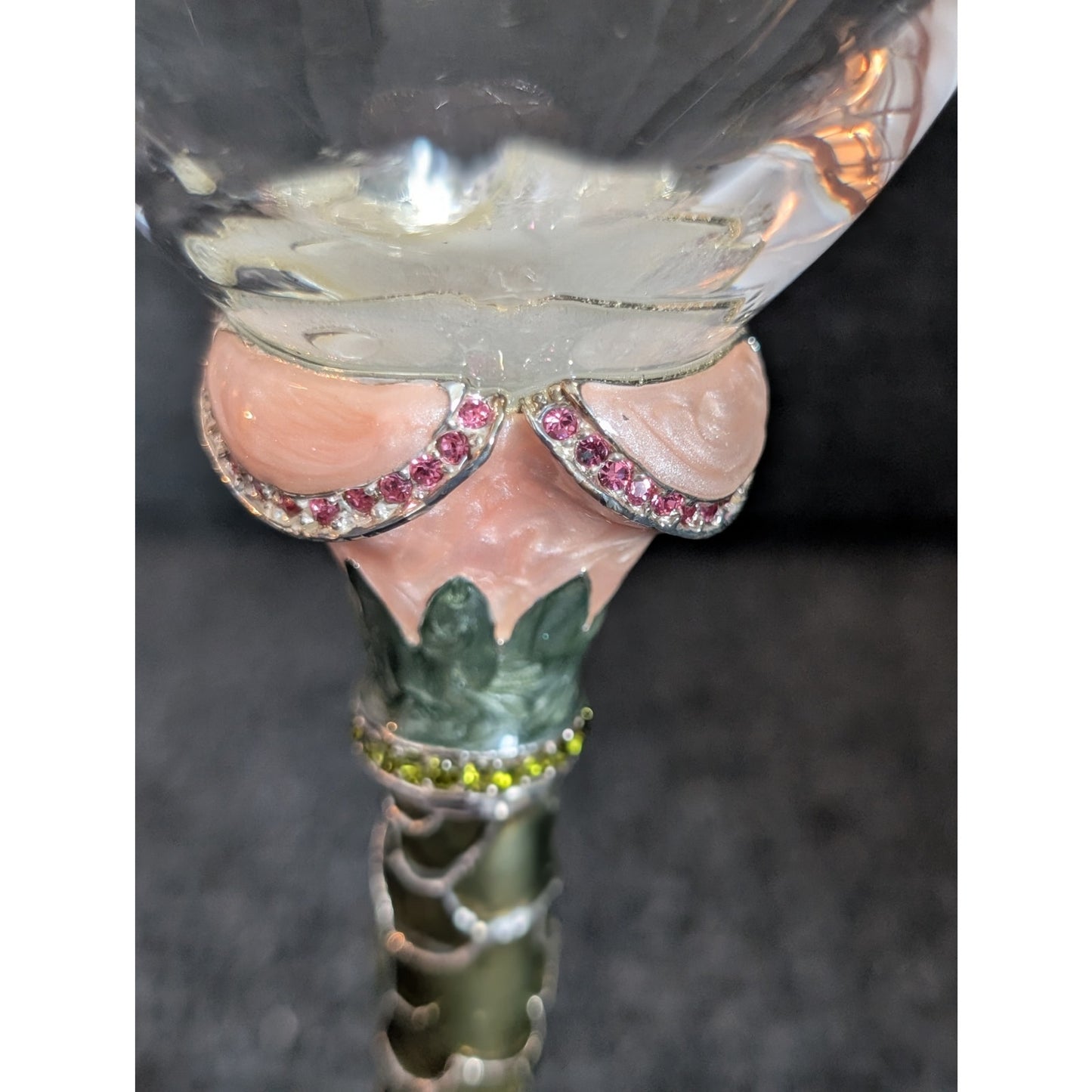 Vintage 2 Saints Pink Green Enamel Rhinestone Wine Goblet
