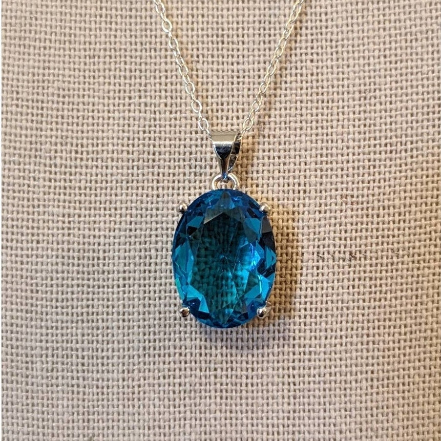 Large Simulated Swiss Blue Topaz Pendant on 925 Sterling 18" Chain
