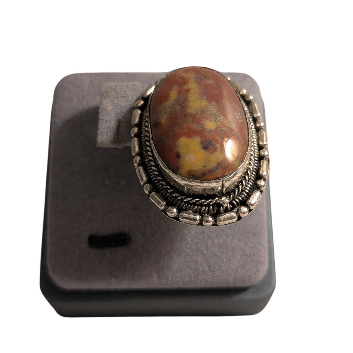 Vintage Large Chunky Bezel Set Jasper Stone Silver Tone Clip On Earrings