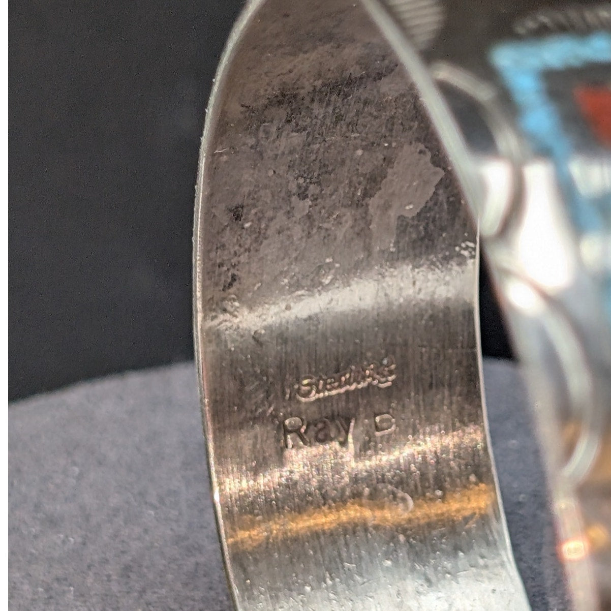 Vtg Navajo Sterling Silver Turquoise & Coral Chip Inlay Bracelet - Signed Ray B