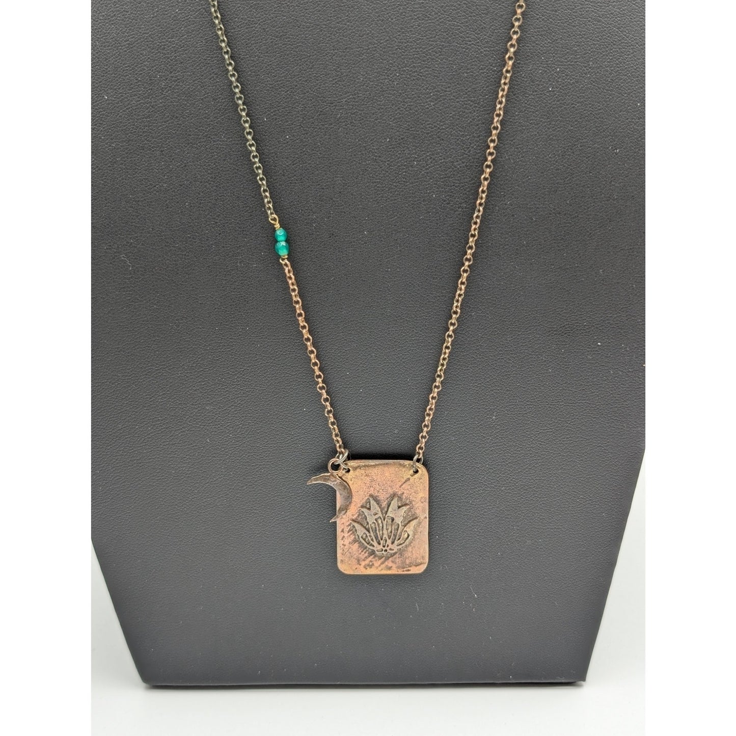 Rustic Antiqued Copper Look Flower Moon May Pendant Chain Long Necklace