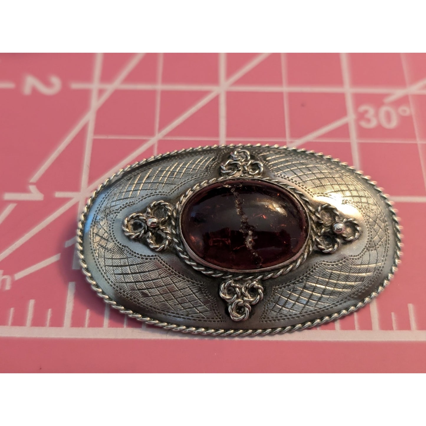 Antique Sterling Signed Rope Design Cracked Amethyst Glass Sash Brooch Pin
