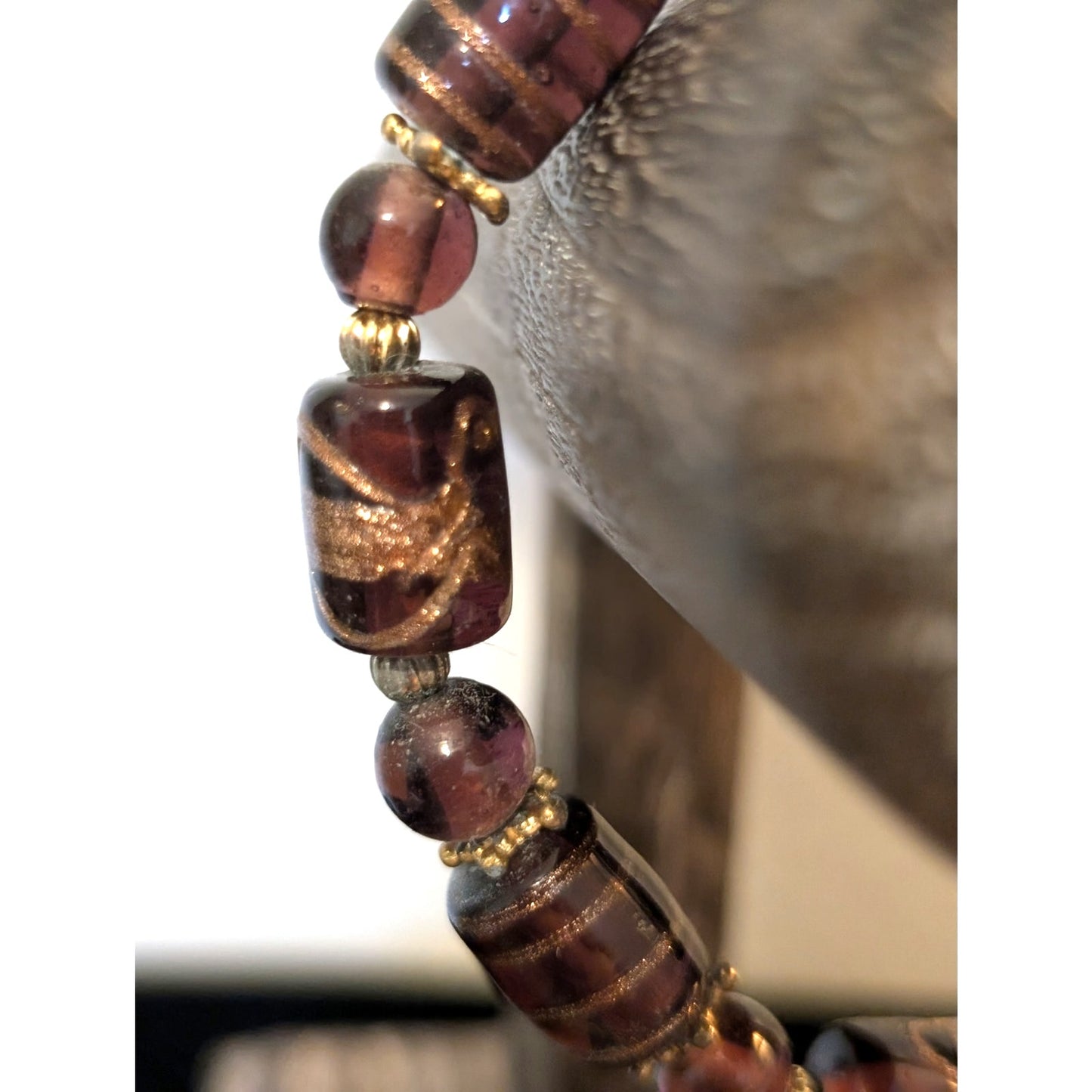 Gold Foil Purple Glass Artisan Beaded Bracelet W/ Bead Dangle