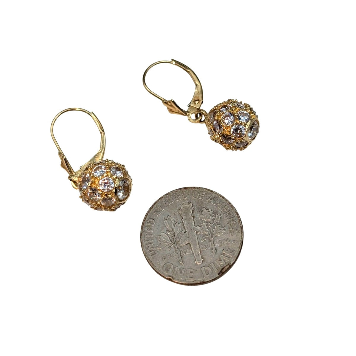 Vintage 14K Cubic Zirconia Fire Ball Dangle Lever Back Earrings