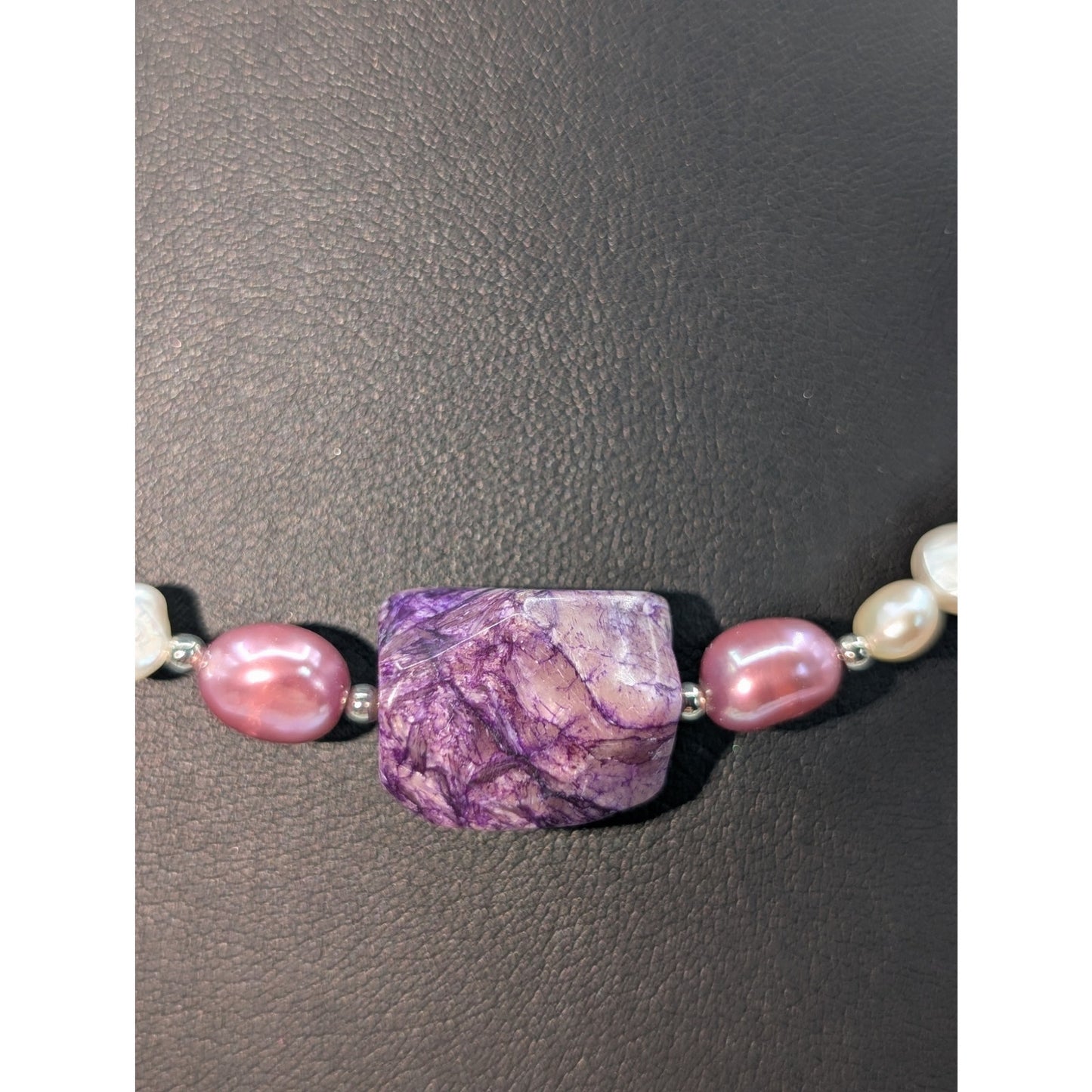 Lee Sands Purple Stone Freshwater Pearls Silver Tone Clasp 18" Necklace