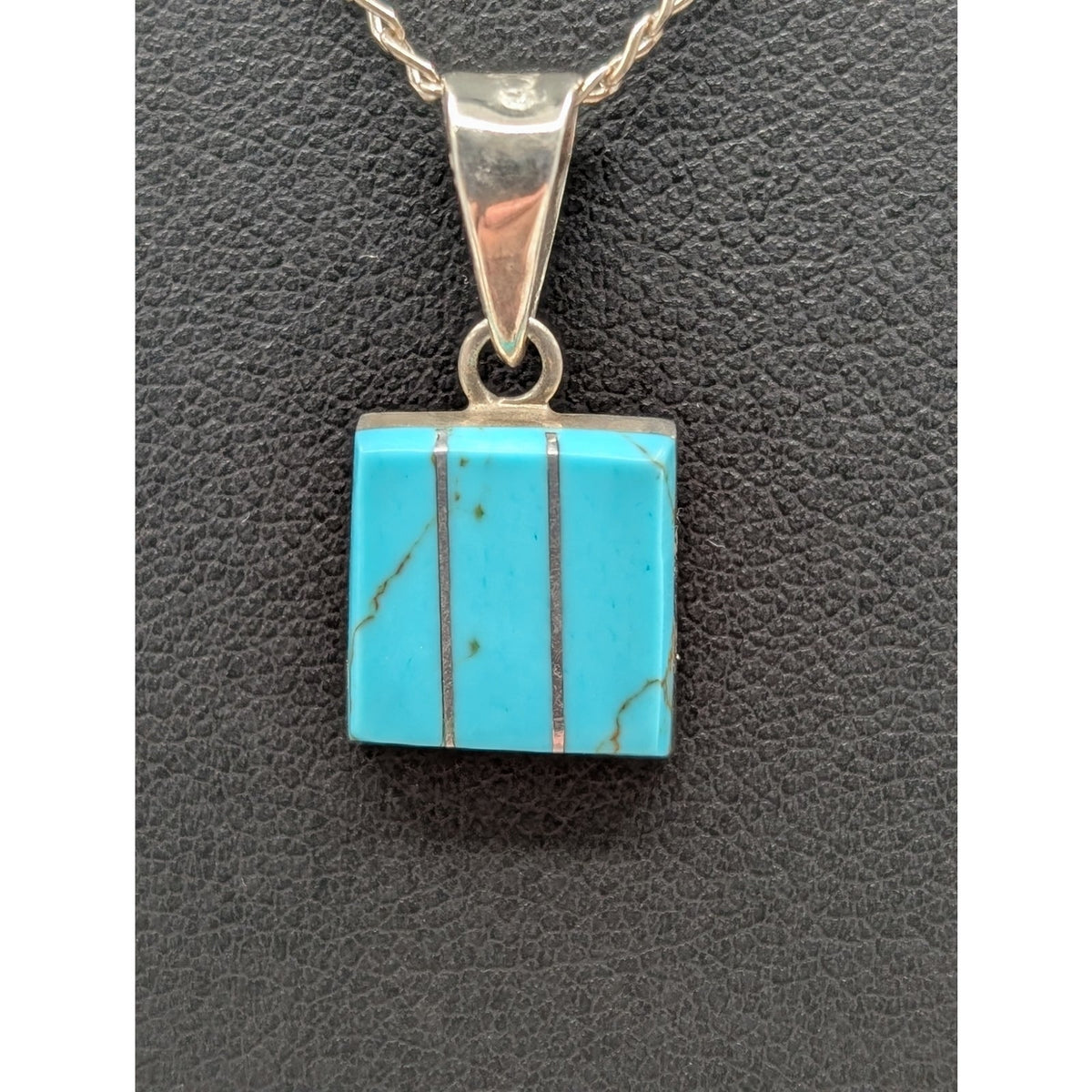 Vtg 925 Sterling Silver Zuni Turquoise Silver Inlay Pendant 16" Chain Necklace