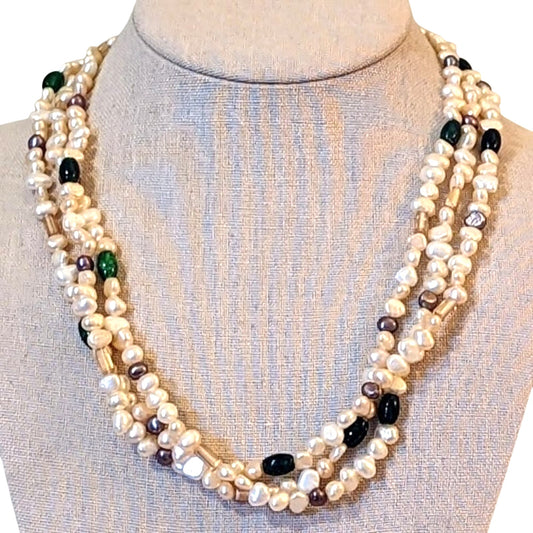 Three Strand Freshwater Cream and Plum Pearls with Lovely Glass Scattered Beads