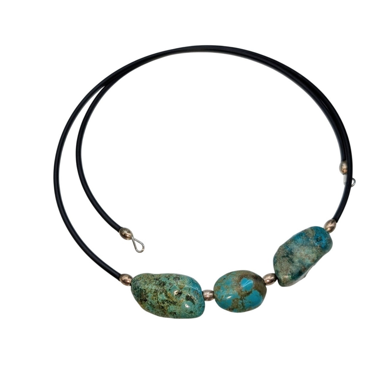 Vtg 70s Boho Blue Stone 925 Sterling Bead Black Cord Adjustable Choker Necklace