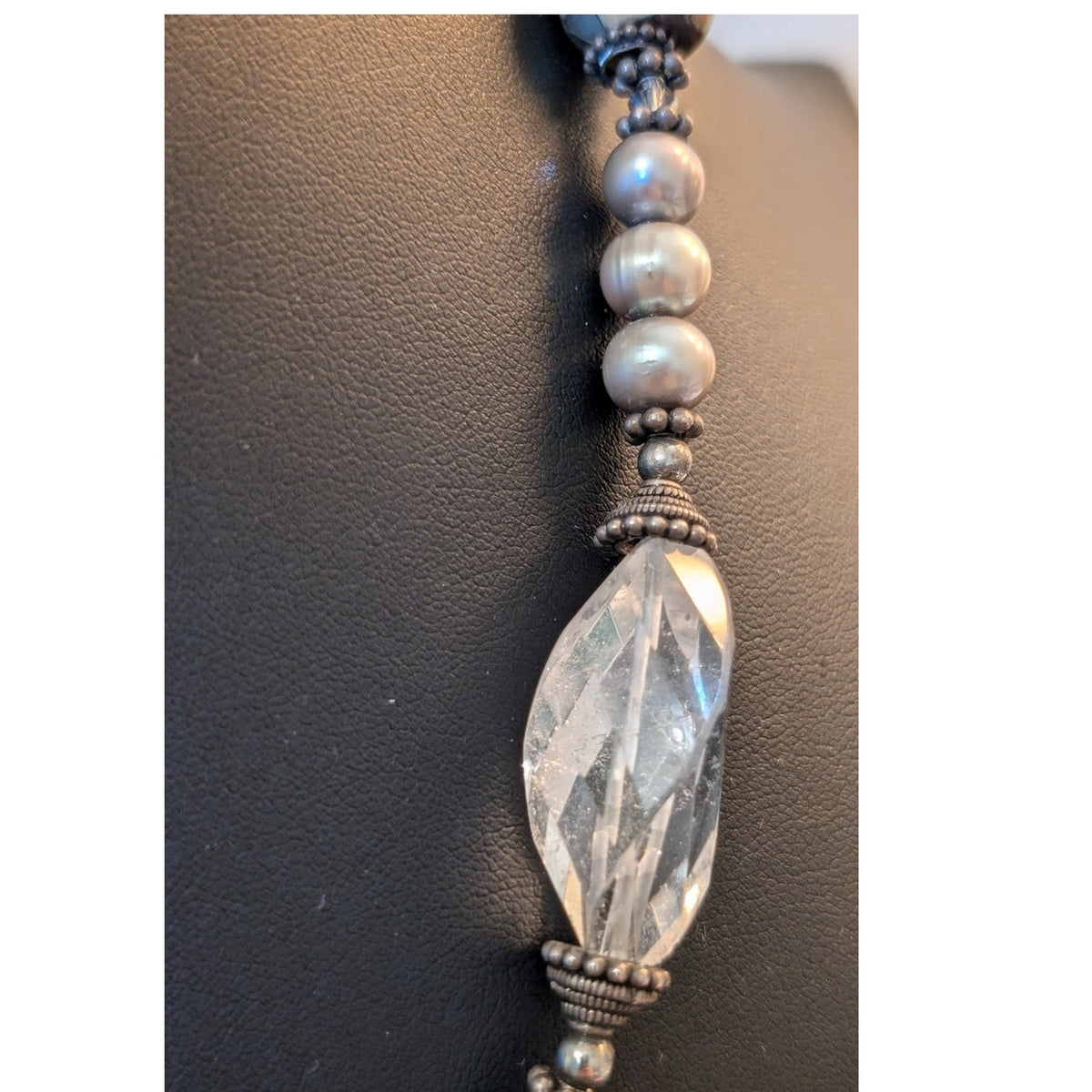 Vintage to Antique Sterling Silver Pearl Rock Quartz Abalone Shell Bead Necklace