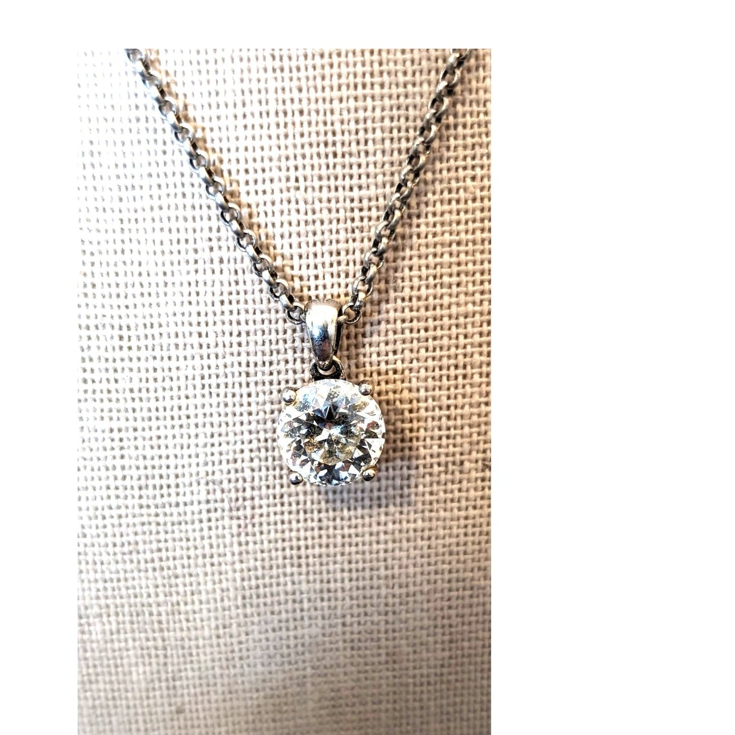 Vintage 925 Sterling Silver CZ Solitaire Pendant Chain 18" Necklace
