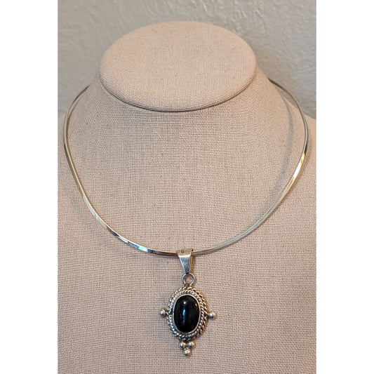 Vintage Handmade Mexico 925 Black Onyx Sterling Silver Hook Collar Necklace