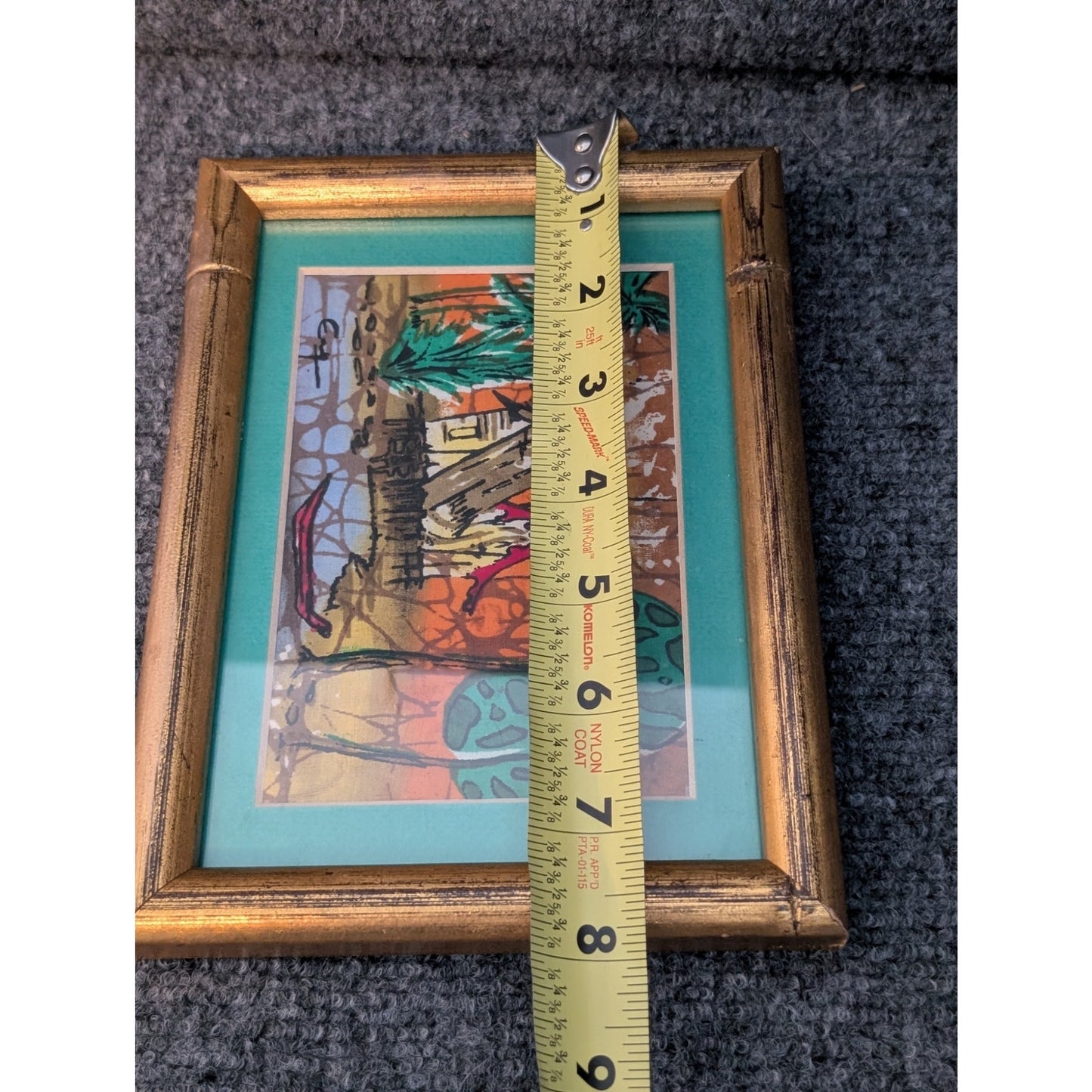 Vintage Signed Malaysian Village Batik Gilt Wood Framed Small Art Under Glass