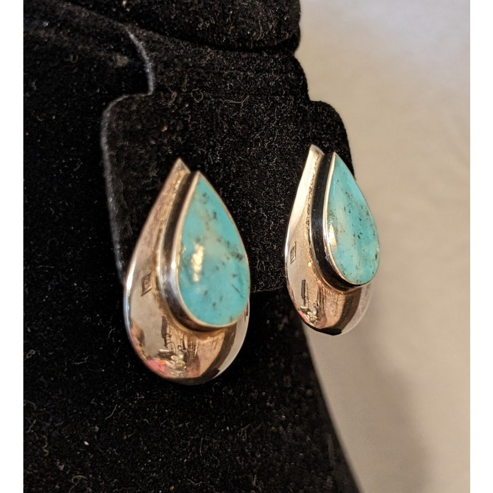 Vintage 925 Sterling Turquoise Teardrop Clip On Earrings