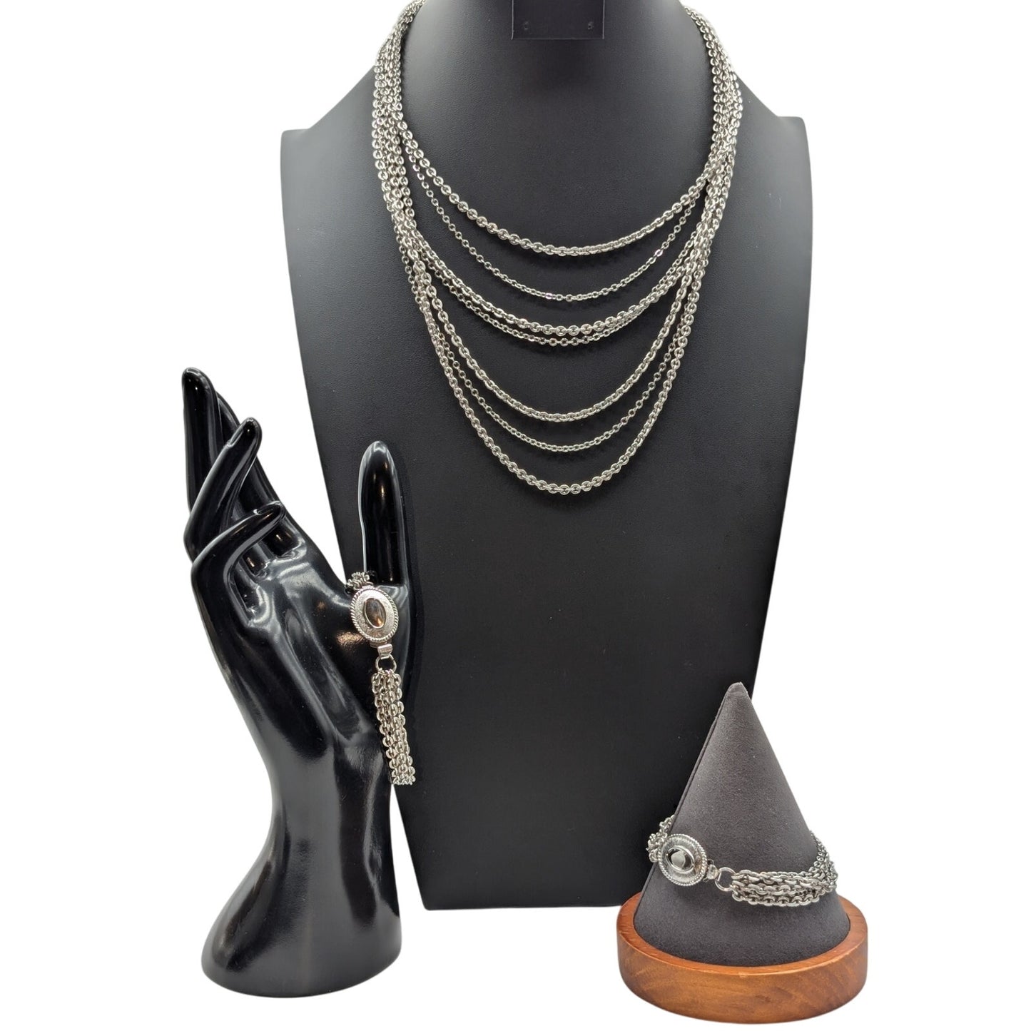 Vintage Avon Silver Tone 7 Strand Chain Necklace & Two Bracelet Set
