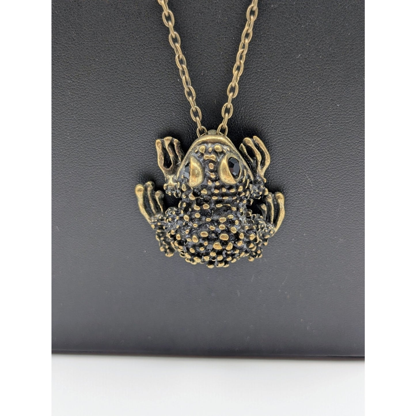 Antiqued Bronze Black Crystal Eye Metal Frog Pendant 30" Chain Necklace