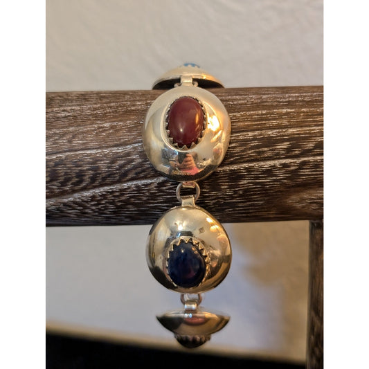 Vintage Mexico Signed 925 Sterling Multi-Stone Domed Link Bracelet