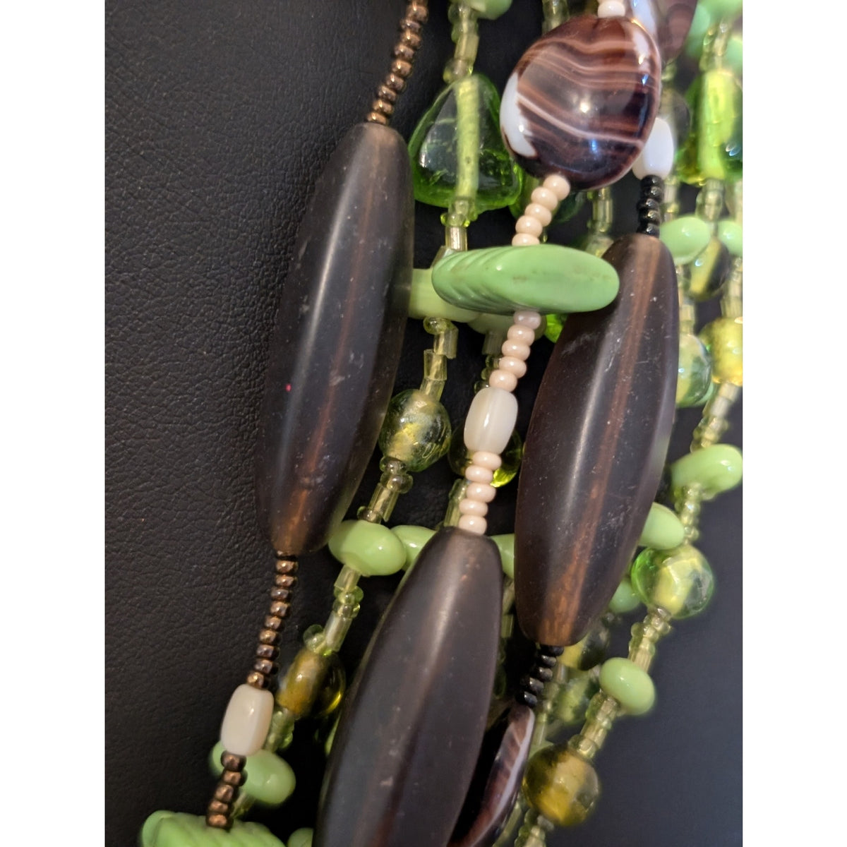 Spring Green Cream & Brown Glass Bead Multi-Strand Choker Necklace