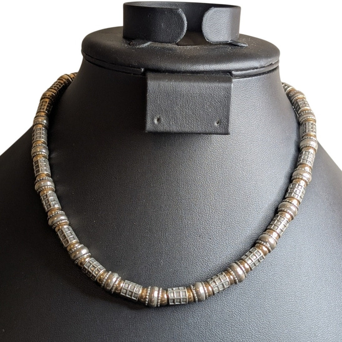 VTG 16.5" Two Tone 925 Sterling Silver Ball & Checkered & Rondelle Bead Necklace