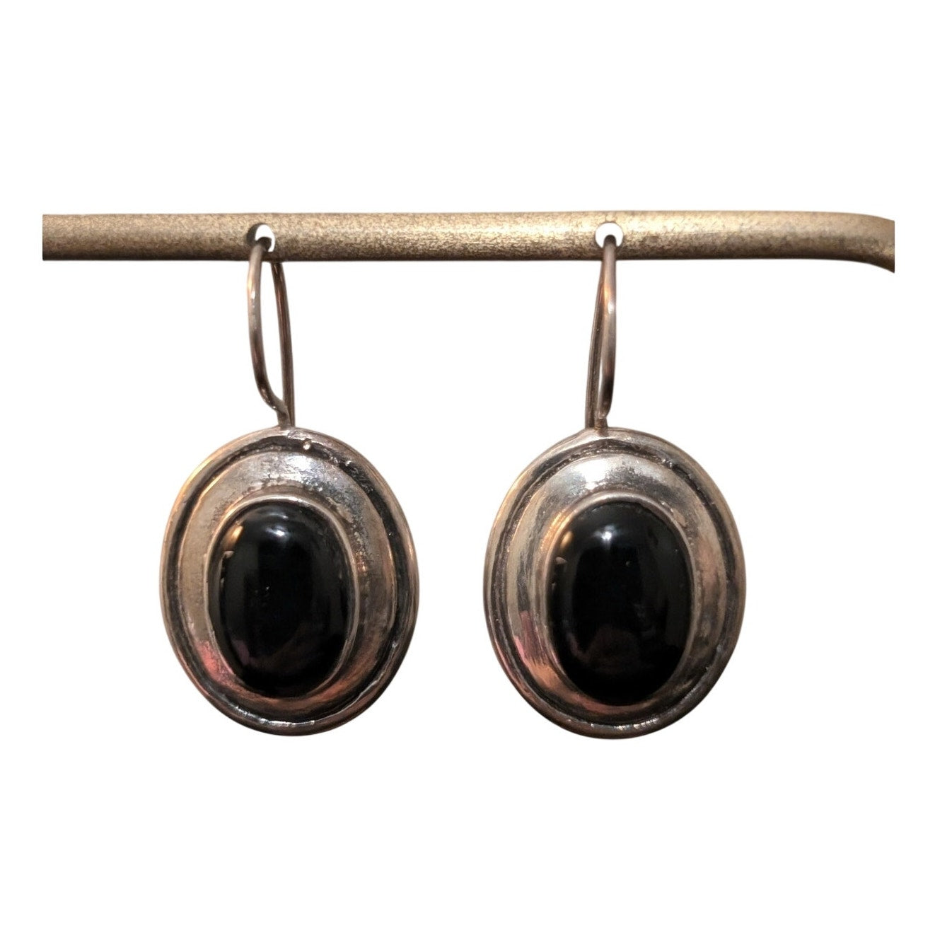 Vintage 925 Sterling Silver Thailand JM Black Onyx Stone French Wire Earrings