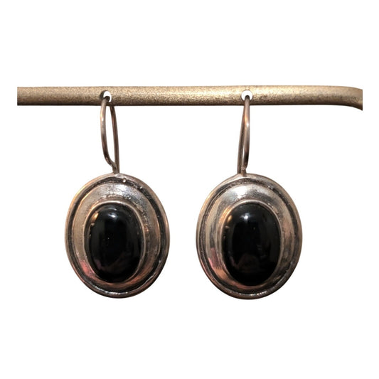 Vintage 925 Sterling Silver Thailand JM Black Onyx Stone French Wire Earrings