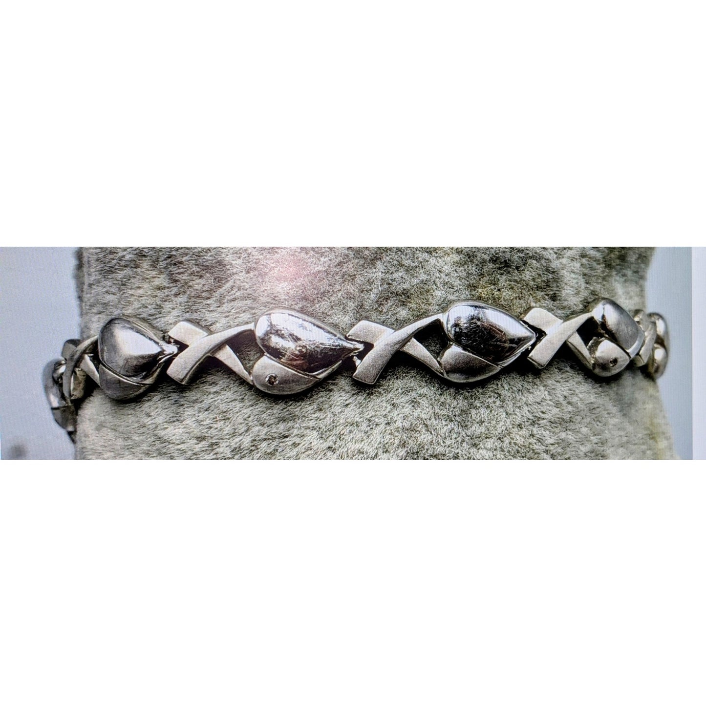 Vintage JC 925 Sterling Silver Diamond Accents Heart 'X' Link Bracelet 11.9g