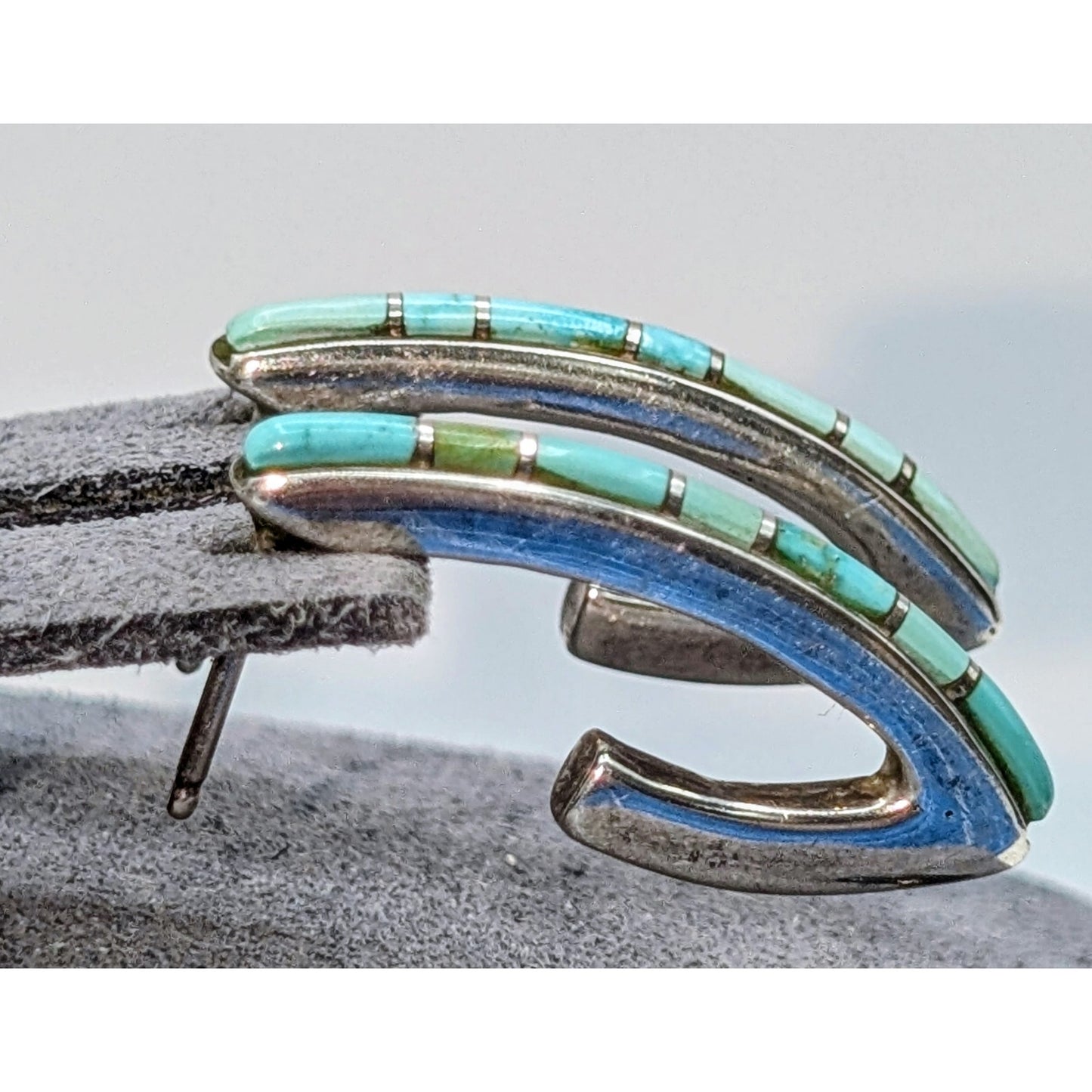 Vintage 925 Sterling Silver Marked 'M' Zuni Turquoise Inlay 3/4 Hoop Earrings