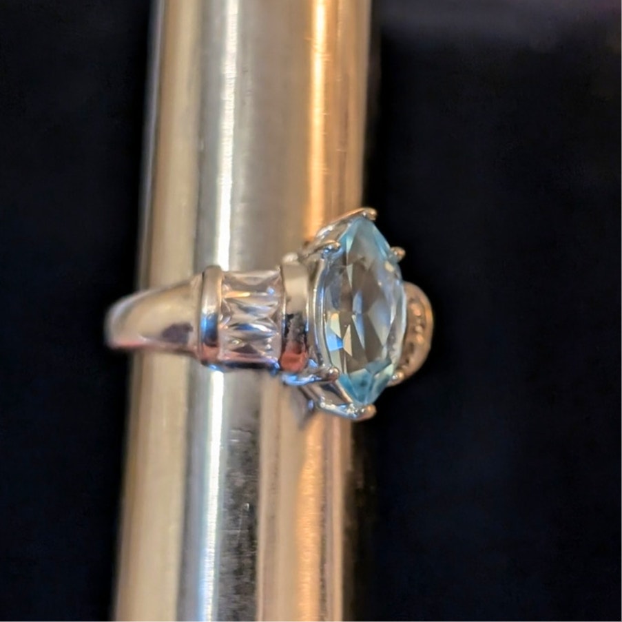 925 Sterling Silver Marquis Blue Topaz & Baguette CZs Ring Sz 6.75