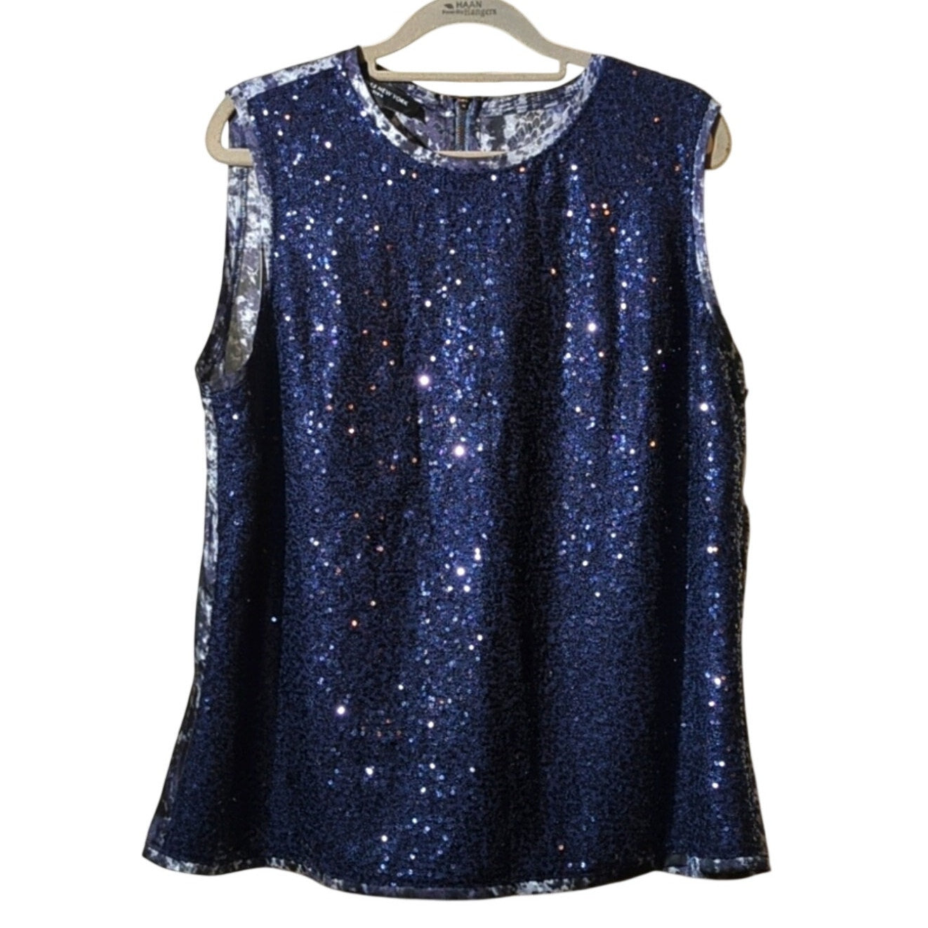 Jones New York Collection Navy Sequin Snakeskin Print Trim & Back Tank Size 14