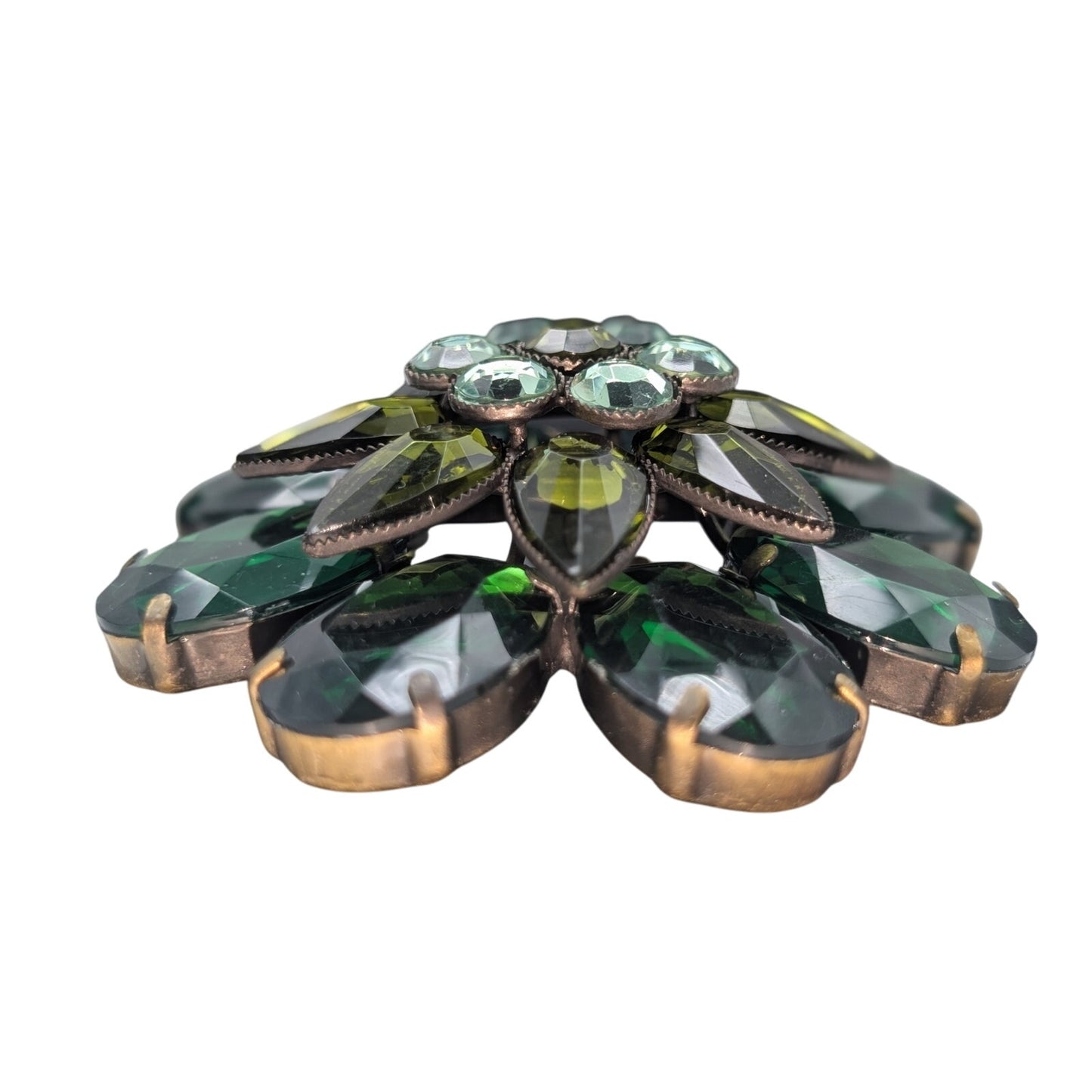 Vintage Green Flower Rhinestone Domed Bronze Metal Brooch